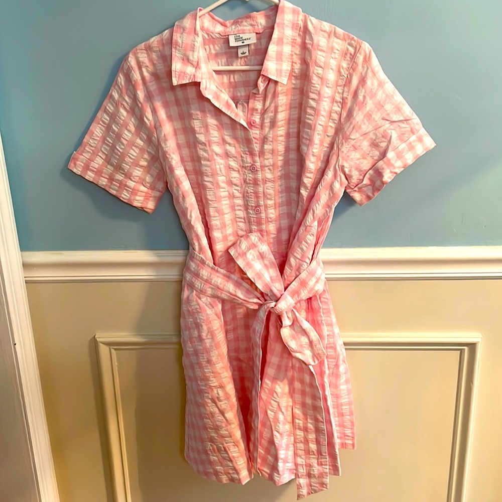 Lisa Marie Fernandez Pink and White Striped Seersucker Shirt Dress